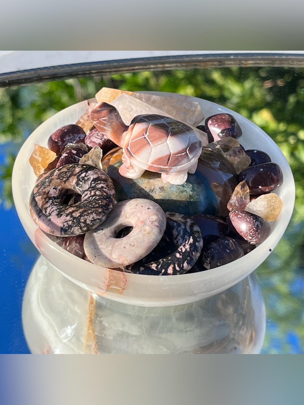 Onyx Stone Bowl, Striped Calcite Carved Turtle, Ocean Jasper, Rhodonite donuts